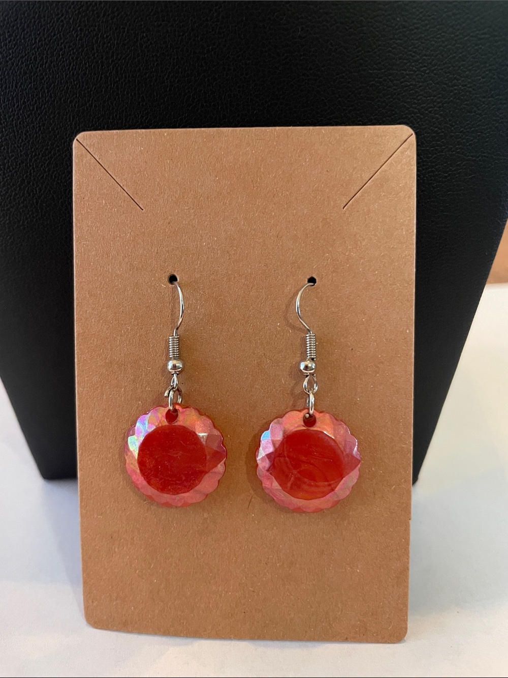 Iridescent Red Disc Drop Earrings